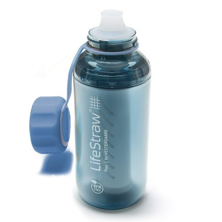life_style1, LifeStraw's Play Children's Water Bottle with Lead Reduction Filter light blue colored bottle & cap strap, medium blue cap, white mouth piece