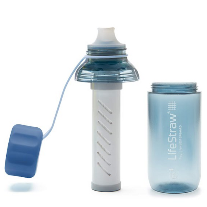 life_style2, LifeStraw's Play Children's Water Bottle with Lead Reduction Filter light blue colored bottle & cap strap, medium blue cap, white mouth piece & filter