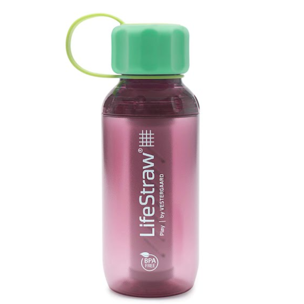 LifeStraw's Play Children's Water Bottle with Lead Reduction Filter magenta colored bottle, green cap and cap strap
