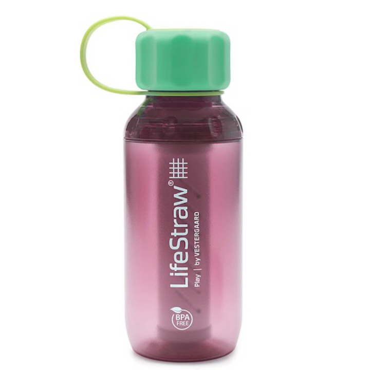 LifeStraw's Play Children's Water Bottle with Lead Reduction Filter magenta colored bottle, green cap and cap strap