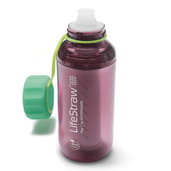 life_style1, LifeStraw's Play Children's Water Bottle with Lead Reduction Filter magenta colored bottle, green cap and cap strap, white mouth piece