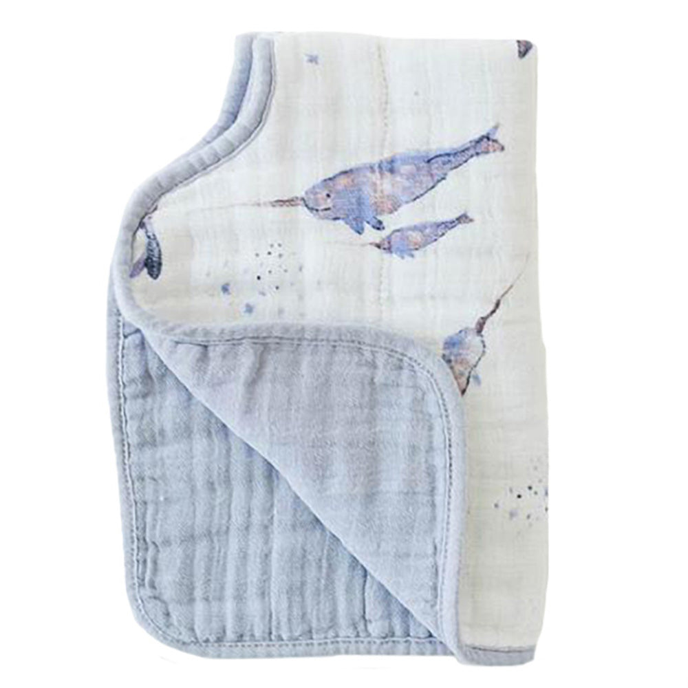 The Little Unicorn Muslin Burp Cloth in Narwhal brings ocean whimsy to every feeding with muslin burping cloths.