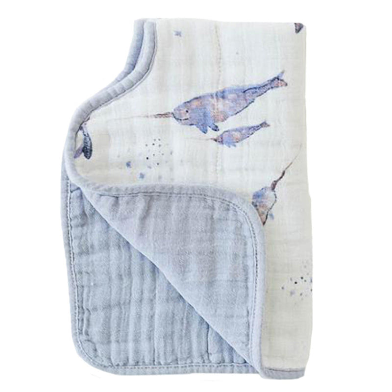 The Little Unicorn Muslin Burp Cloth in Narwhal brings ocean whimsy to every feeding with muslin burping cloths.