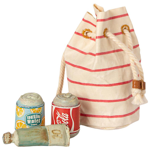 Maileg Beach Bag Essentials Children's Pretend Doll Toy Accessories red striped bag sodas sunscreen