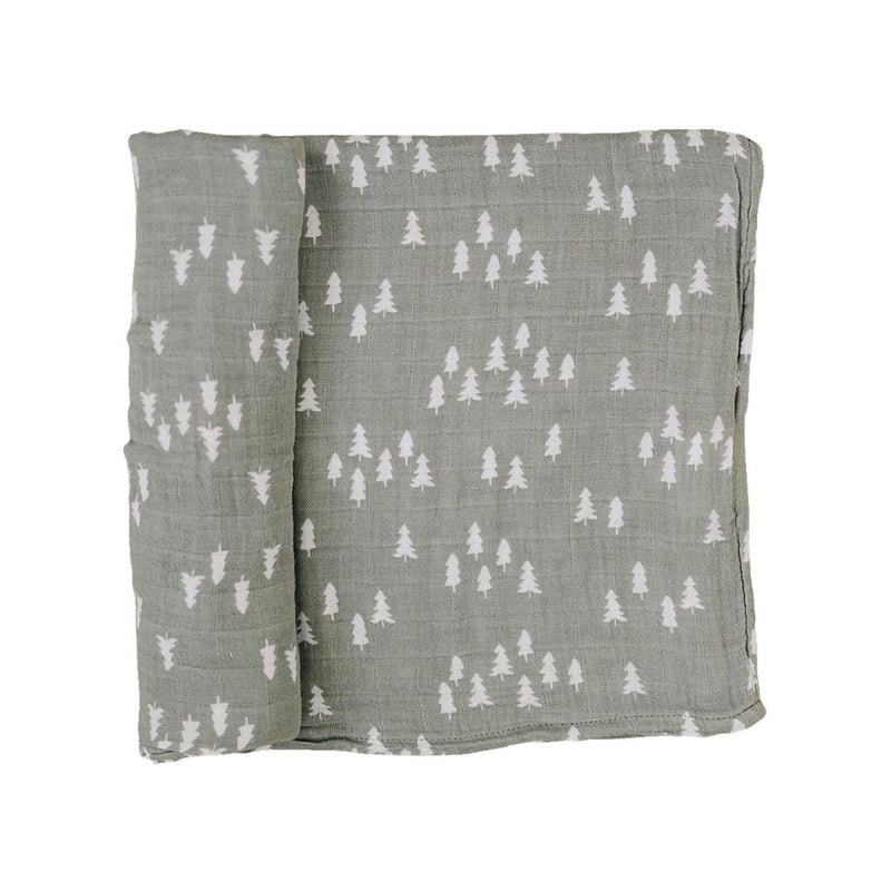 Mebie baby swaddle, gray baby blanket with pine trees