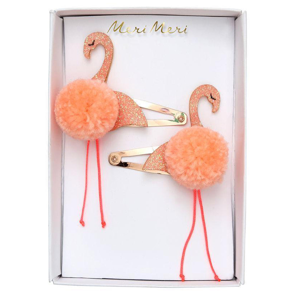 Meri Meri Children's Hair Clip Accessory pom pom flamingos glitter pink