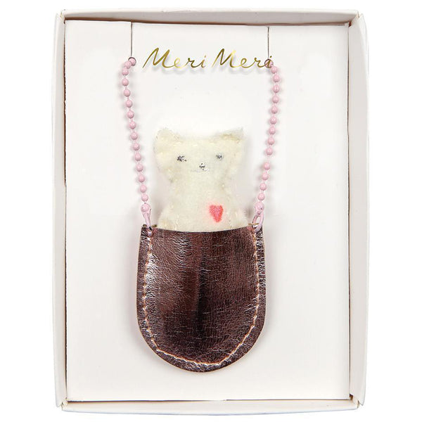 Meri Meri Children's Leatherette Pocket Animal Accessory Necklace metallic enamel bead pink cat 