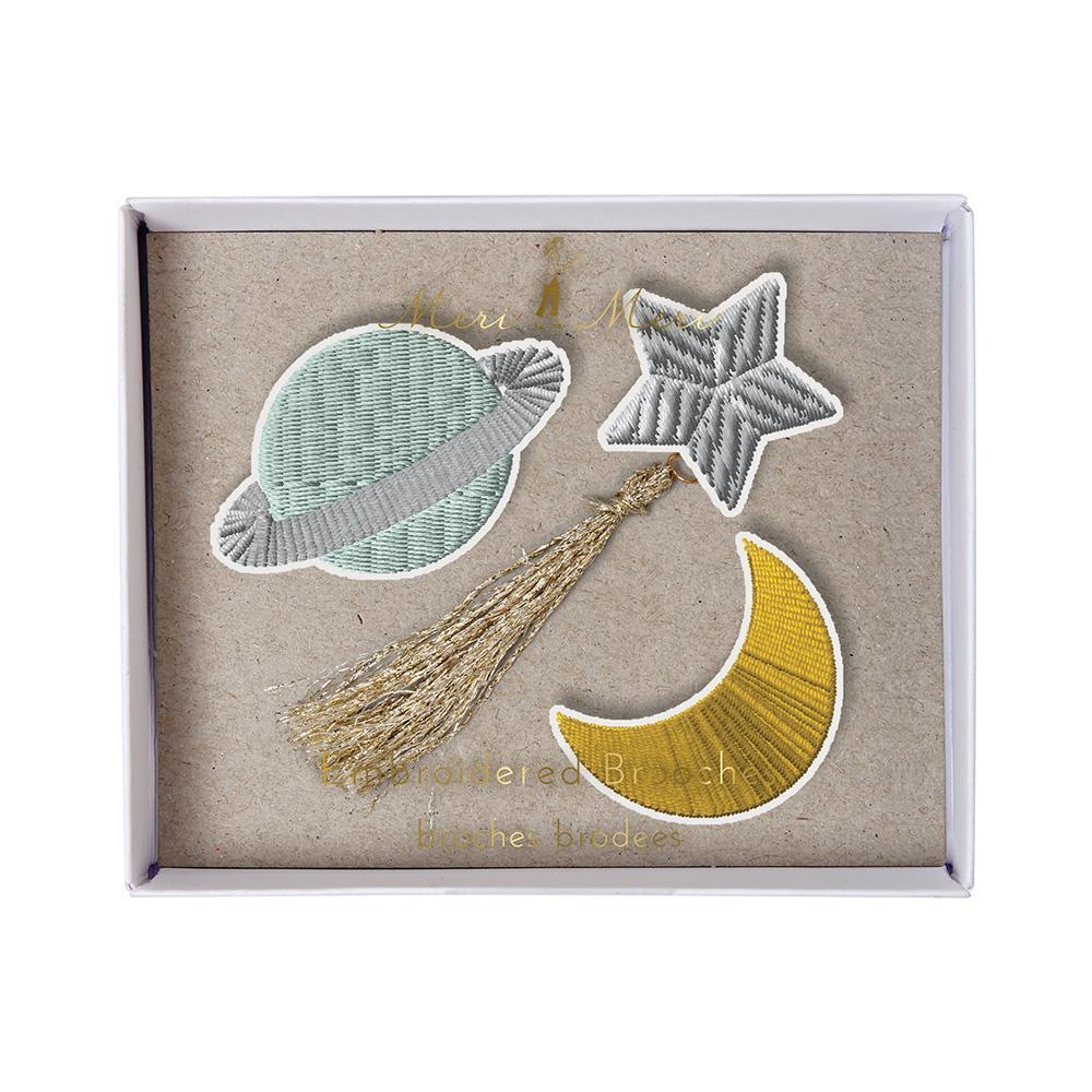 Meri Meri Natural Cotton Canvas & Felt Embroidered Brooch Set space star moon planet