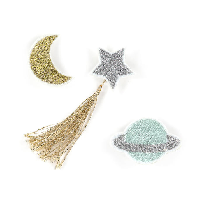 lifestyle_4, Meri Meri Natural Cotton Canvas & Felt Embroidered Brooch Set space star moon planet