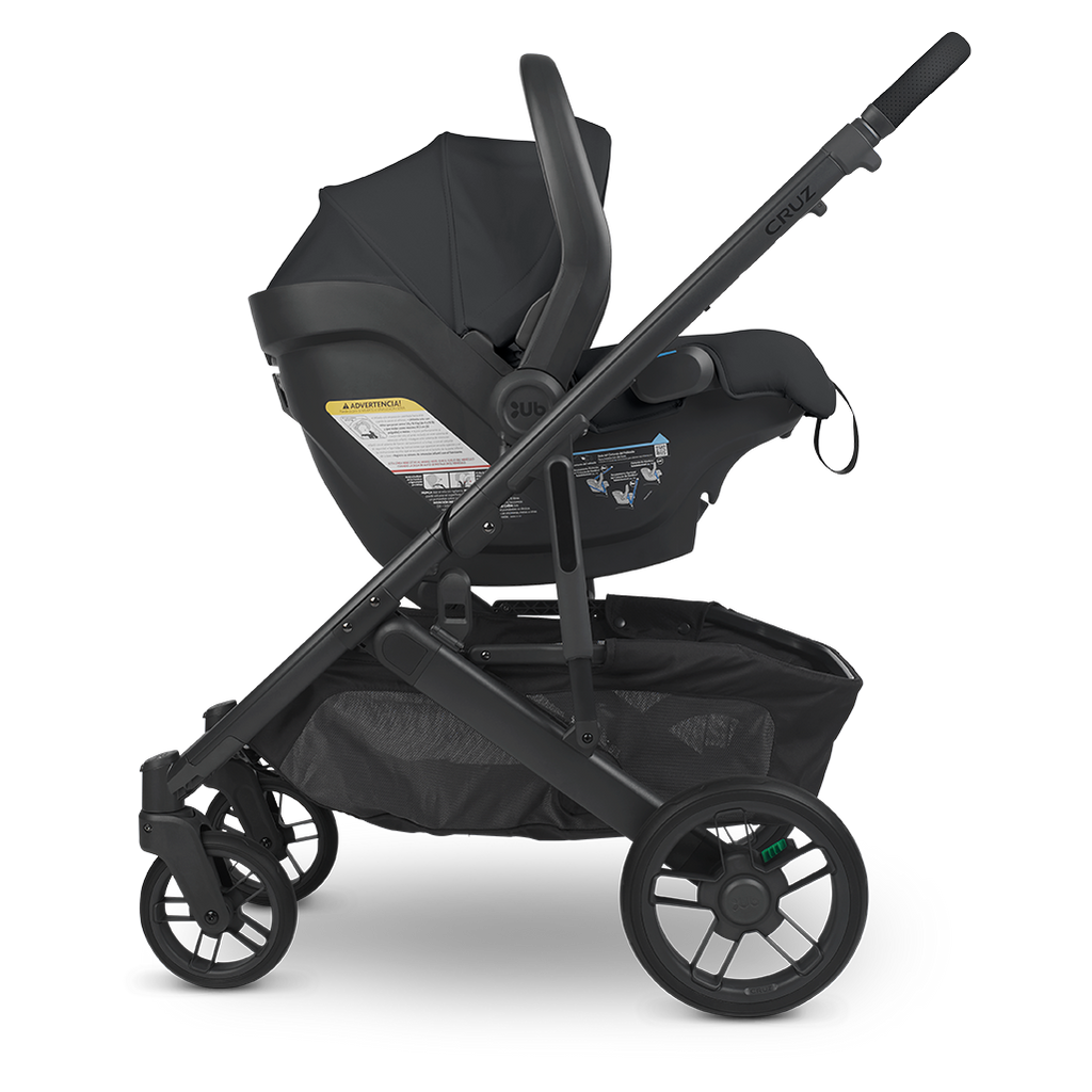 Side of Uppababy Black MESA V2 Infant Car Seat on Cruz v2 Stroller
