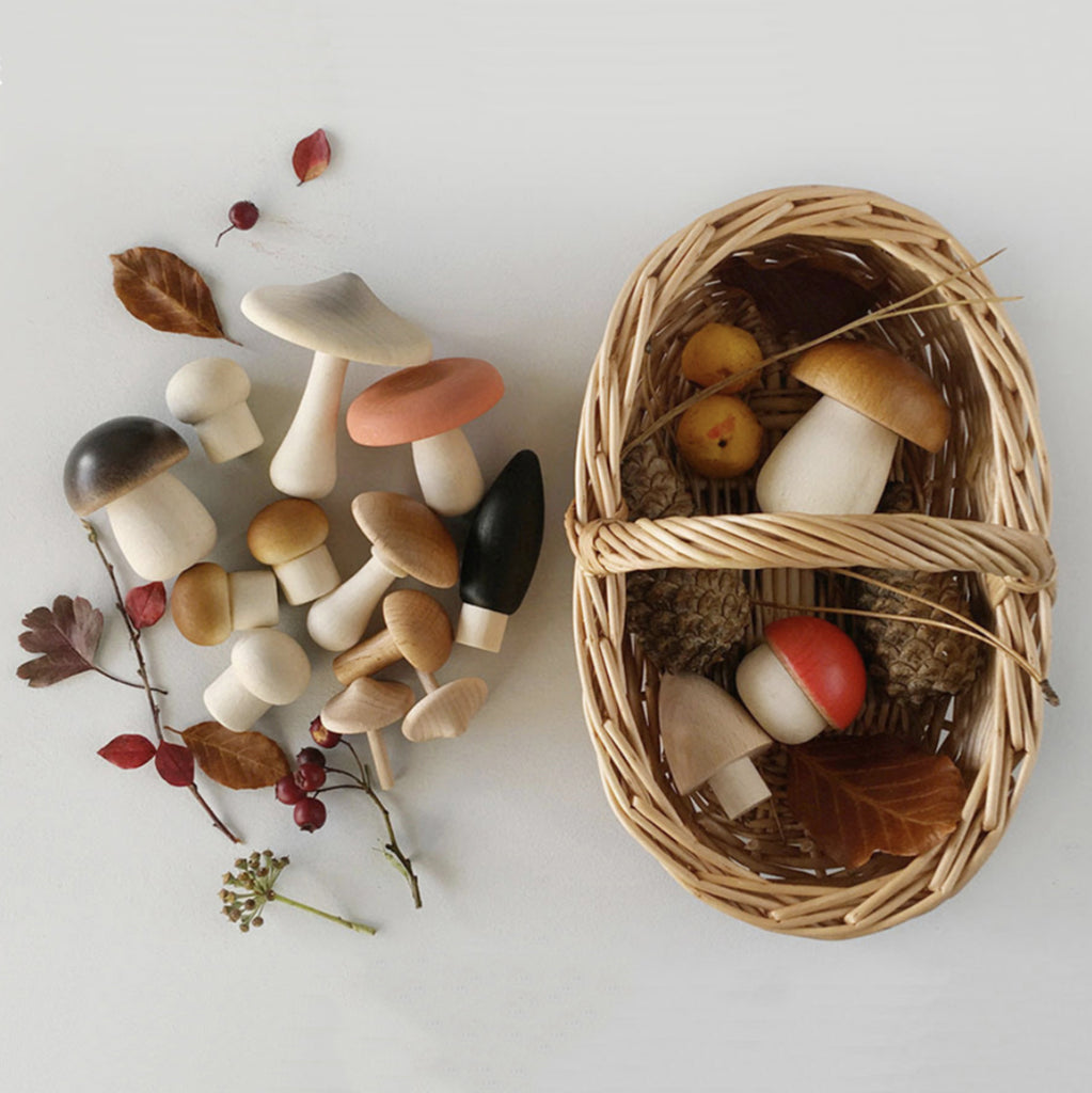 Moon Picnic Wooden Mushroom Basket Set Children's Pretend Play Toy light natural beige basket