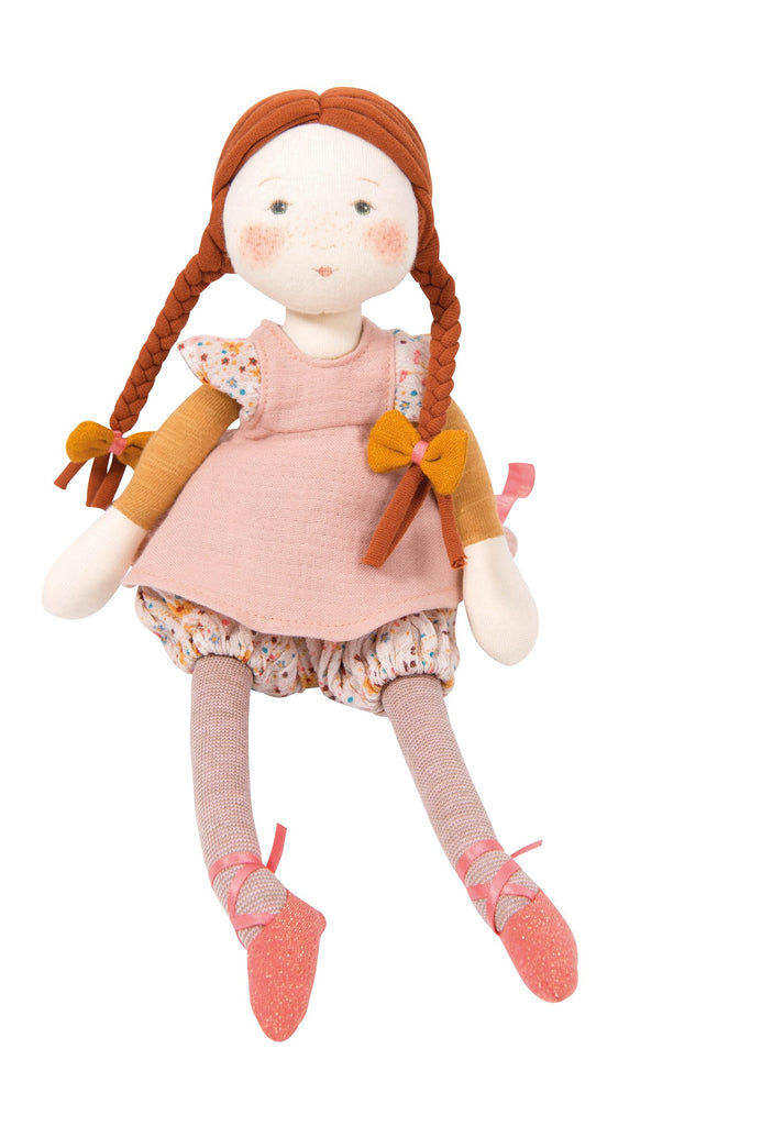 Moulin Roty Les Rosailes Fleur Children's Pretend Play Rag Doll Toy pink dress floral bloomers auburn hair ballet shoes