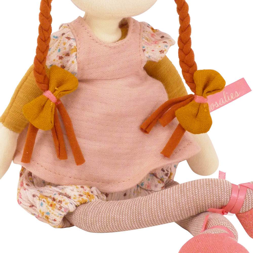 lifestyle_2, Moulin Roty Les Rosailes Fleur Children's Pretend Play Rag Doll Toy pink dress floral bloomers auburn hair ballet shoes