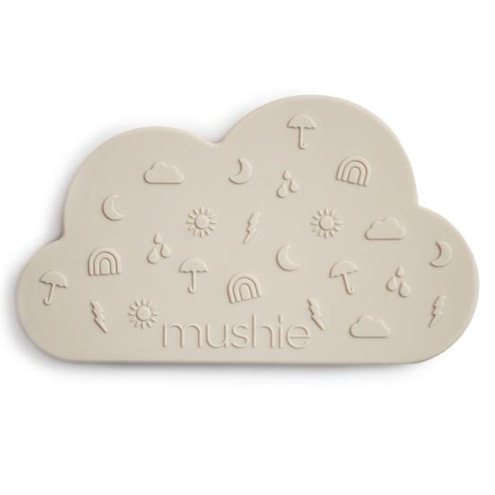 Back view of the Mushie cloud silicone teether in the shade shifting sand