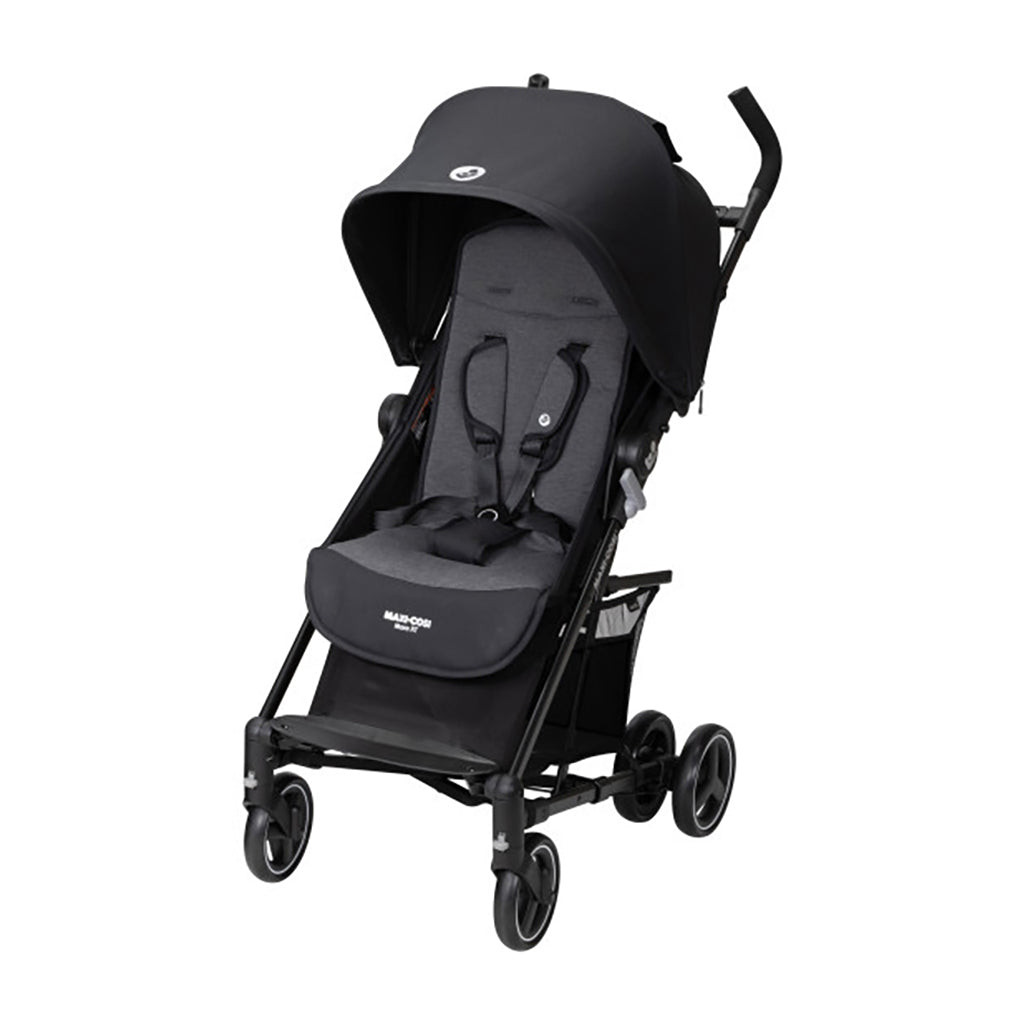 Maxi Cosi Mara stroller in black, showcasing its sleek and compact design from the front view.