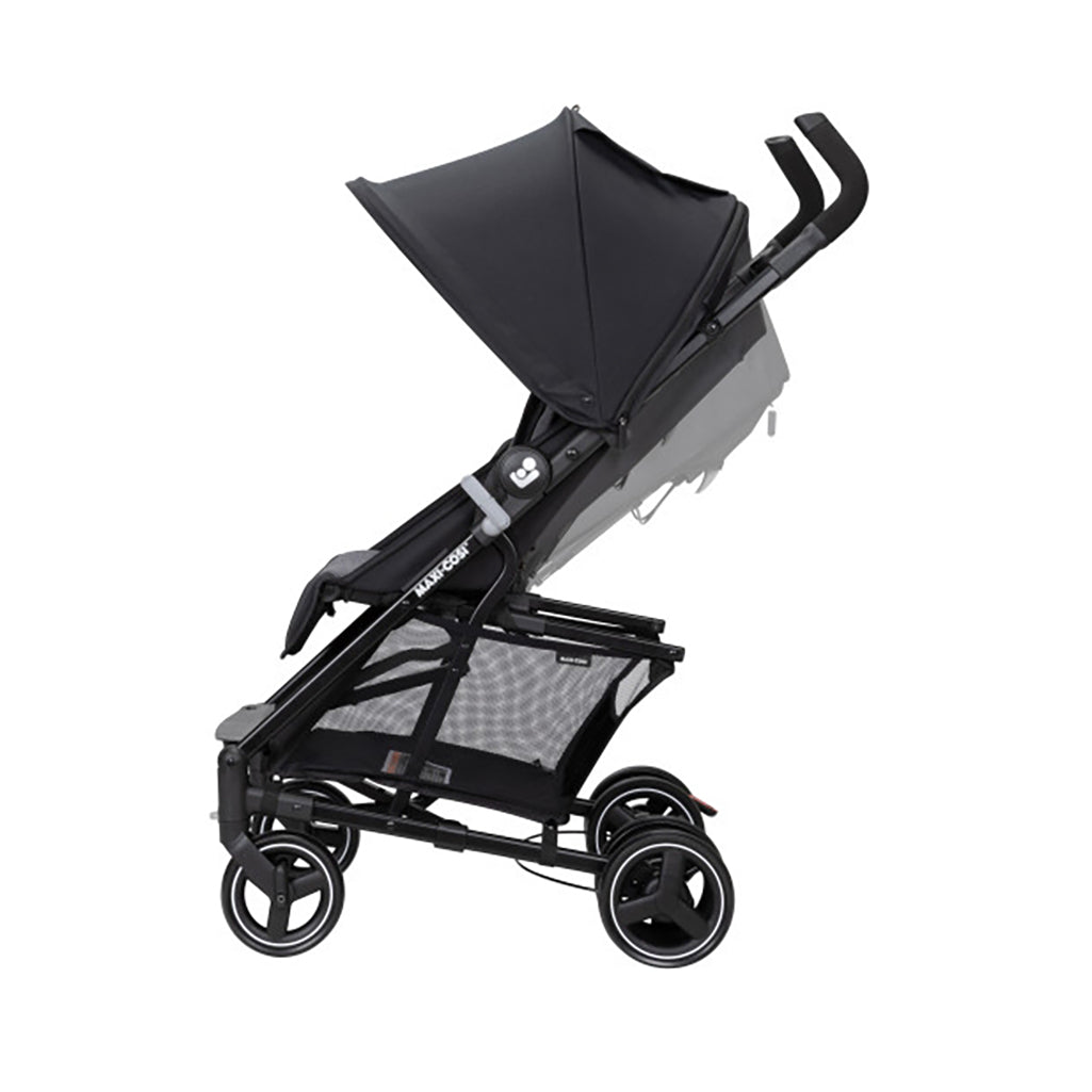 Maxi Cosi maxi-cosi stroller in black, showing the side profile with an extended sun canopy for added protection.