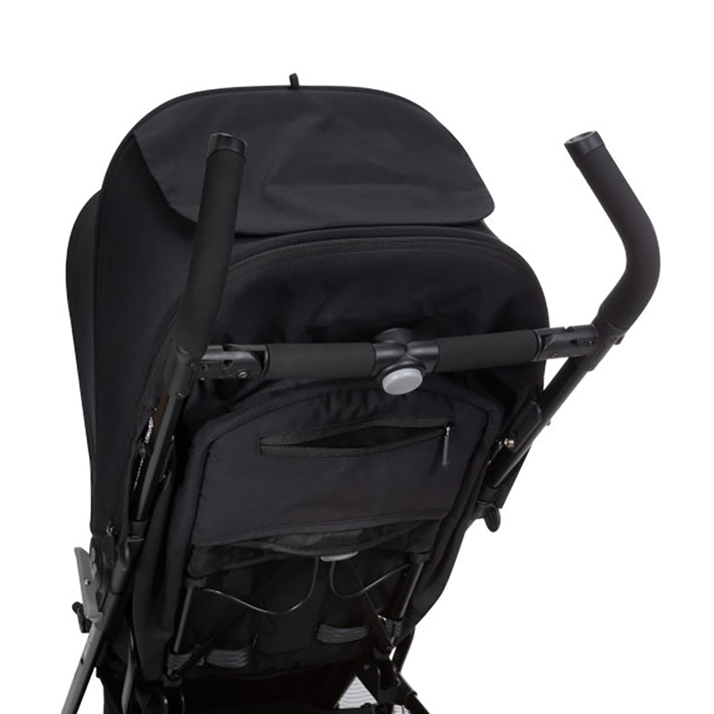 Maxi Cosi toddler stroller in black, showing the back view with a spacious under-seat storage basket.