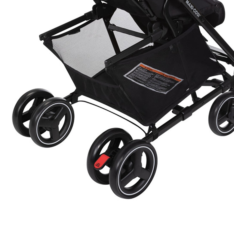 Maxi Cosi baby stroller in grey, highlighting the spacious under-seat basket for extra storage.