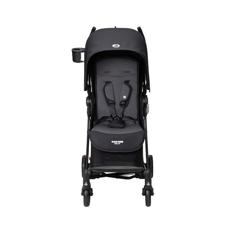 Maxi Cosi baby stroller in black, offering a front-facing perspective for easy maneuverability.