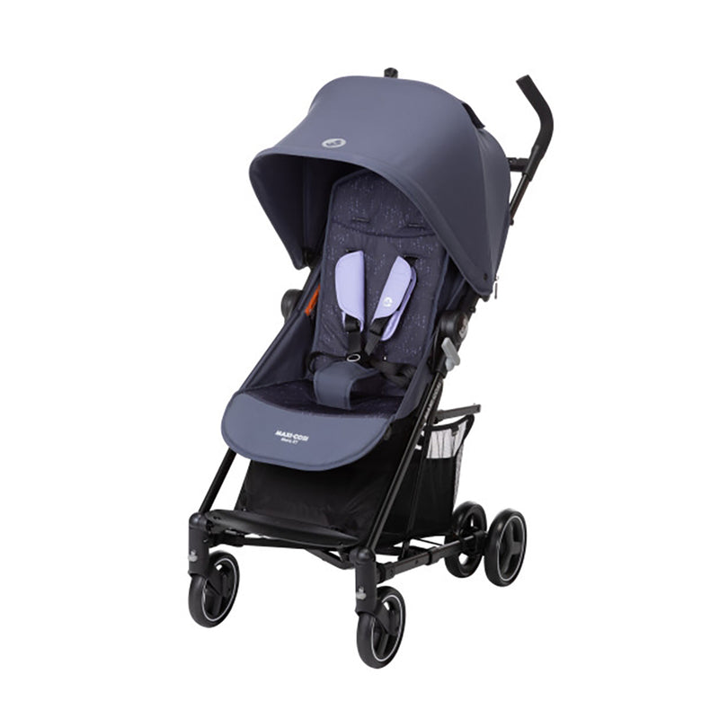 Maxi Cosi baby stroller in plum, highlighting the front view and modern, sleek design.