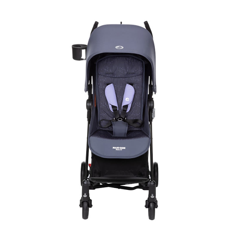 Maxi Cosi stroller in plum, showing the side profile of the stroller with large wheels for a smooth ride.