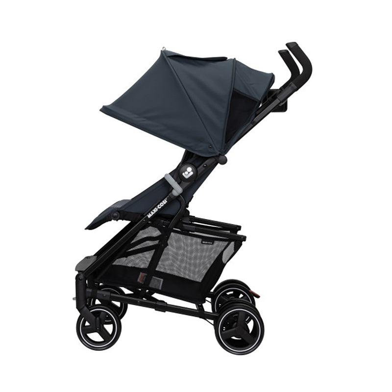 Maxi Cosi stroller in grey, presenting the compact design with an easy side profile.