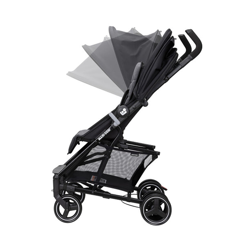 Maxi Cosi stroller in black, highlighting the side view with a lightweight, easy-to-use frame.