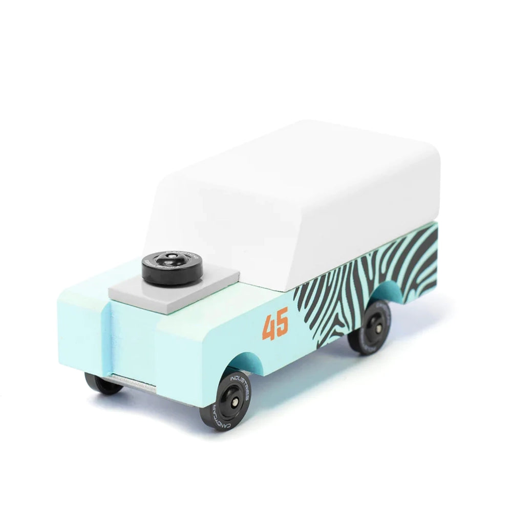 A Candylab Mini Zebra Drifter children's wooden toy vehicle, perfect for kids who love small, creative cars.
