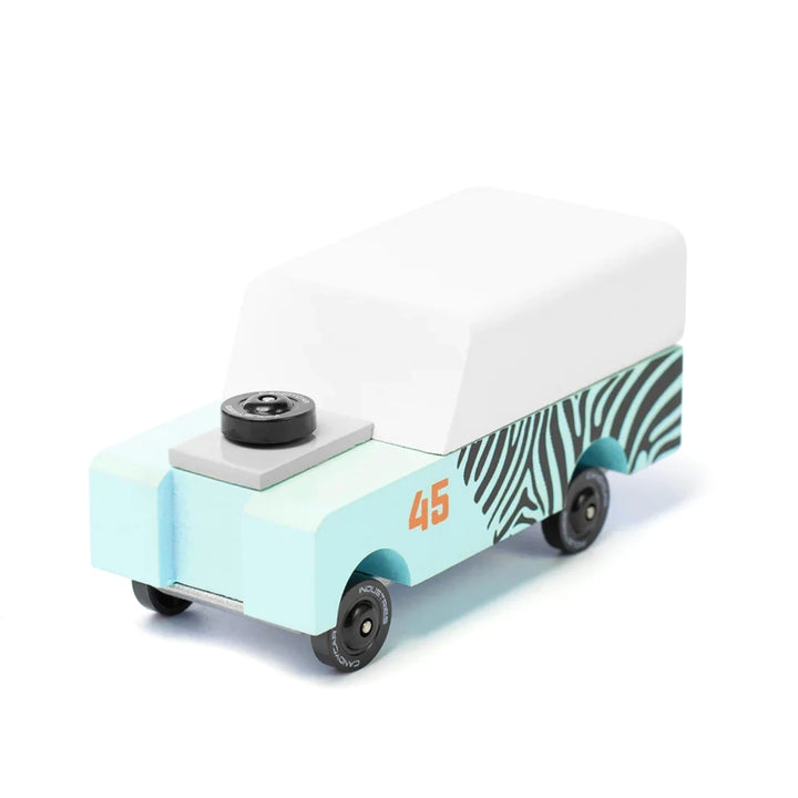 A Candylab Mini Zebra Drifter children's wooden toy vehicle, perfect for kids who love small, creative cars.