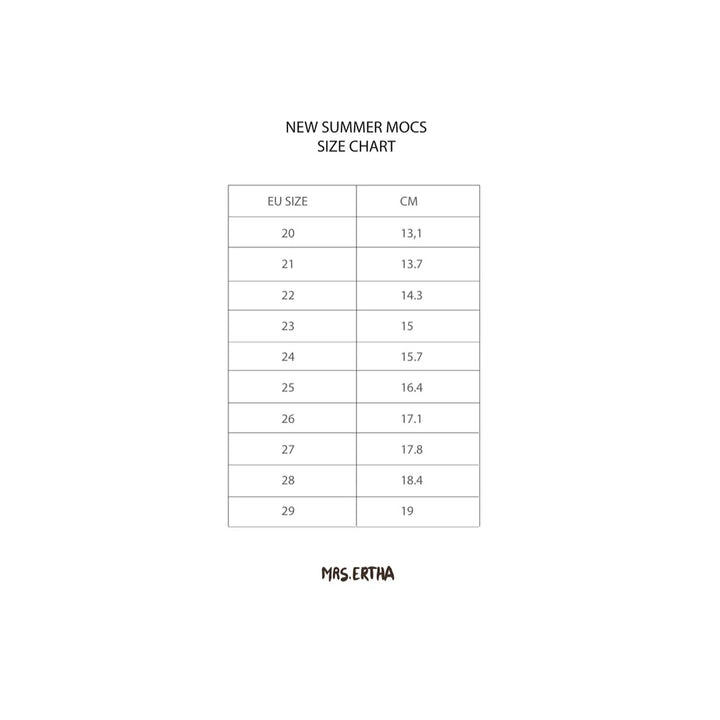 Mrs Ertha's Mocs sizing chart.
