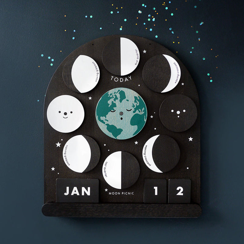 Moon Picnic: Me & the Moon Moon Phase Calendar on starry background.