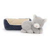 Jellycat Napping Nipper Cat. Light grey stuffed animal cat with detachable bed. Front view.