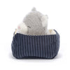 Jellycat Napping Nipper Cat. Light grey stuffed animal cat with detachable bed. Side view.
