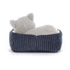 Jellycat Napping Nipper Cat. Light grey stuffed animal cat with detachable bed. Back view.