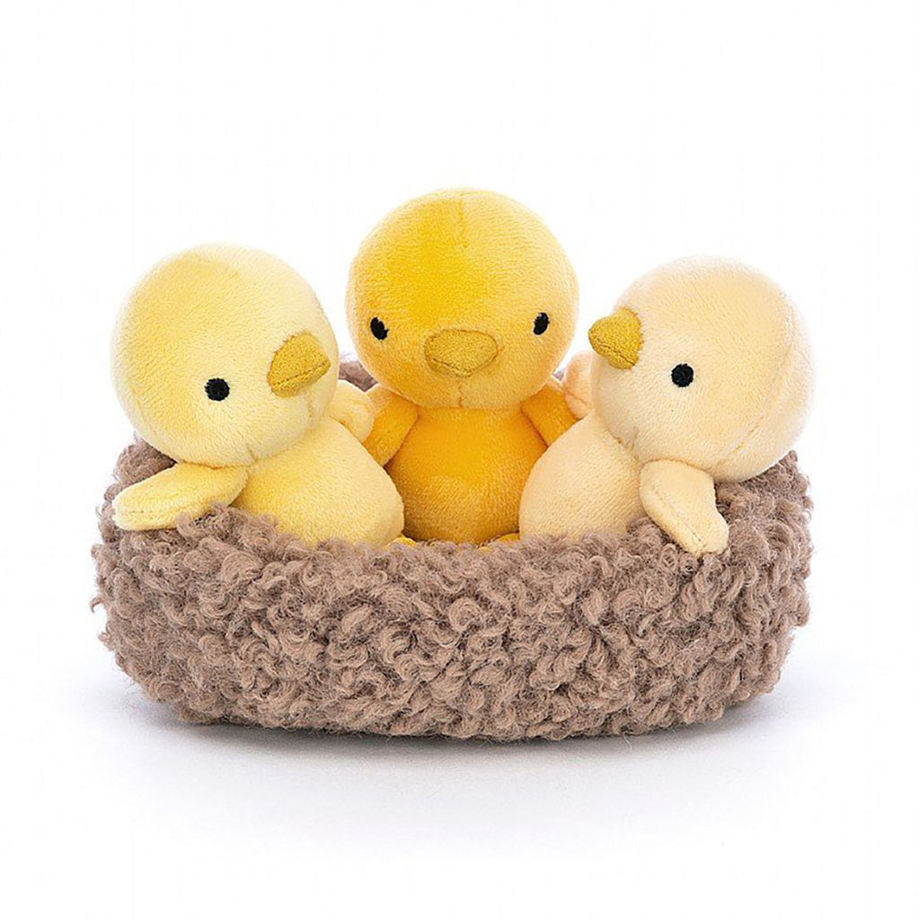 Jellycat Nesting Chickies Stuffed Animal Children's Toy. Three detachable yellow chicks in a fluffy light brown nest. 