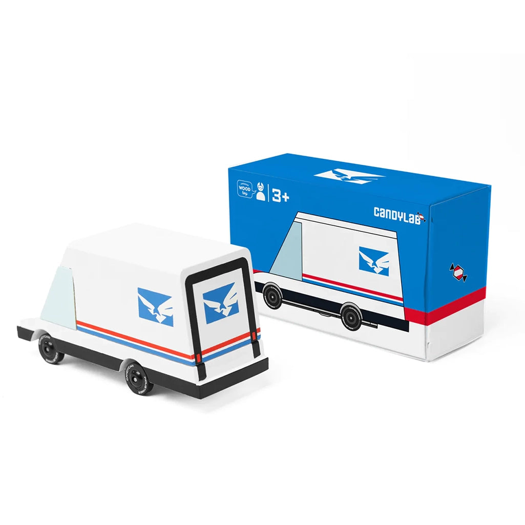 Candylab futuristic wooden mail van toy, featuring minimalistic craftsmanship.