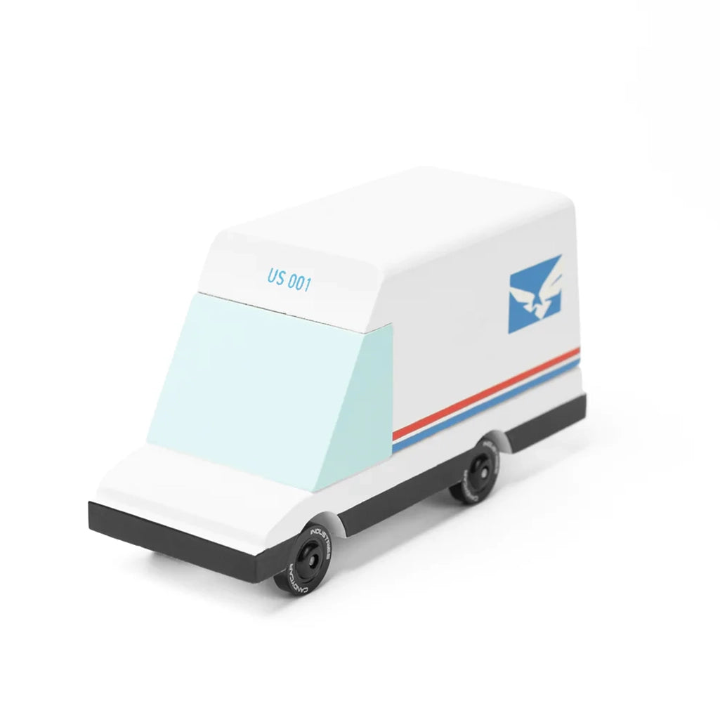 Modern mail van wooden toy by Candylab, futuristic design for creative play.