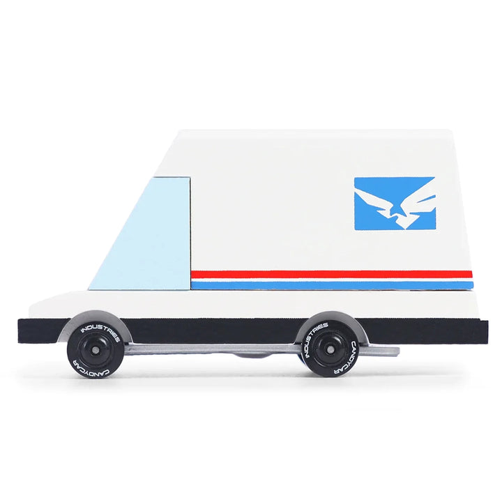 Candylab futuristic mail van, a sleek wooden delivery vehicle for pretend play.