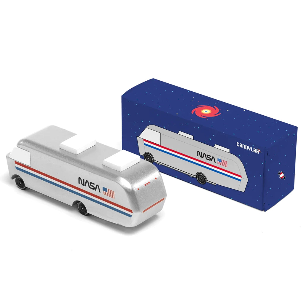 The Candylab NASA Astrovan toy vehicle, shown with its packaging for kids who love outer space adventures.