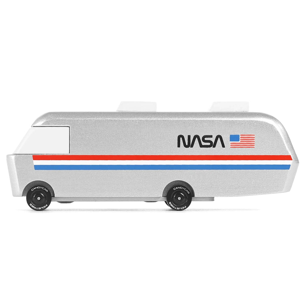 A Candylab NASA Astrovan wooden toy car, designed for kids to engage in imaginative space exploration play.