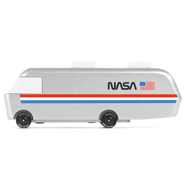 A Candylab NASA Astrovan wooden toy car, designed for kids to engage in imaginative space exploration play.