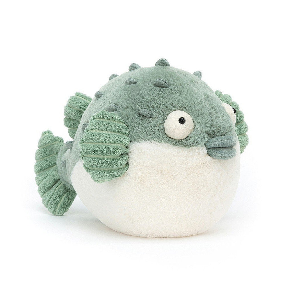 Jellycat Pacey Puffer Fish Children's Sea Creature Stuffed Animal Toy light green and white