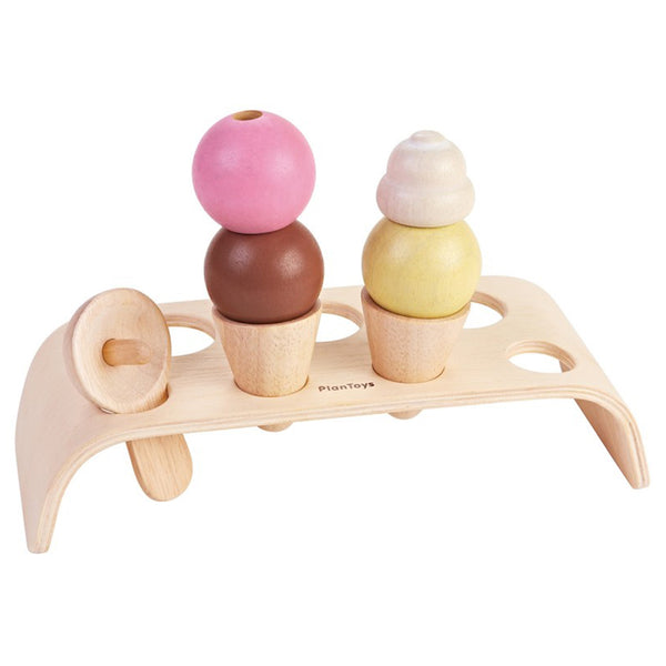 Plan Toys Children's Wooden Pretend Play Food Ice Cream Set Toy chocolate vanilla strawberry brown yellow pink whip cream