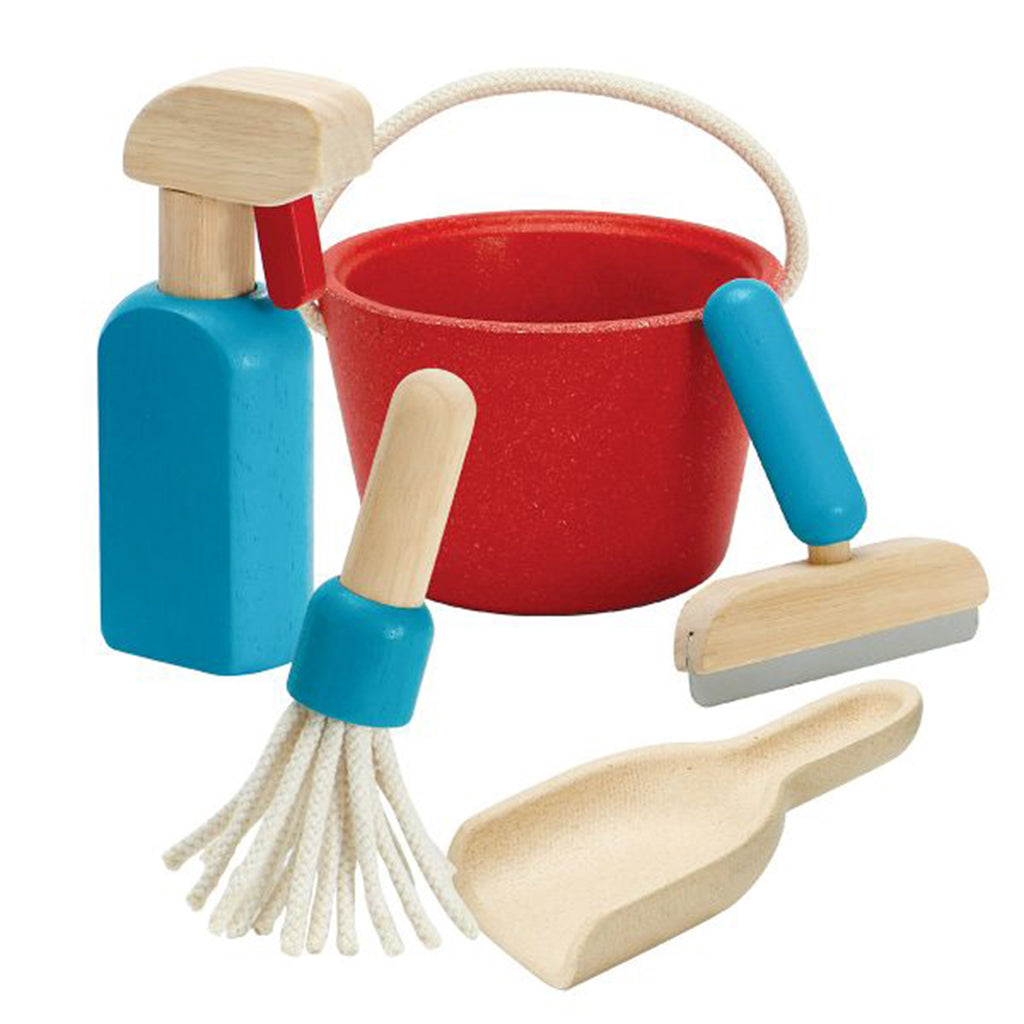 Plan Toys Children's Pretend Play House Wooden Cleaning Set Toy red blue 