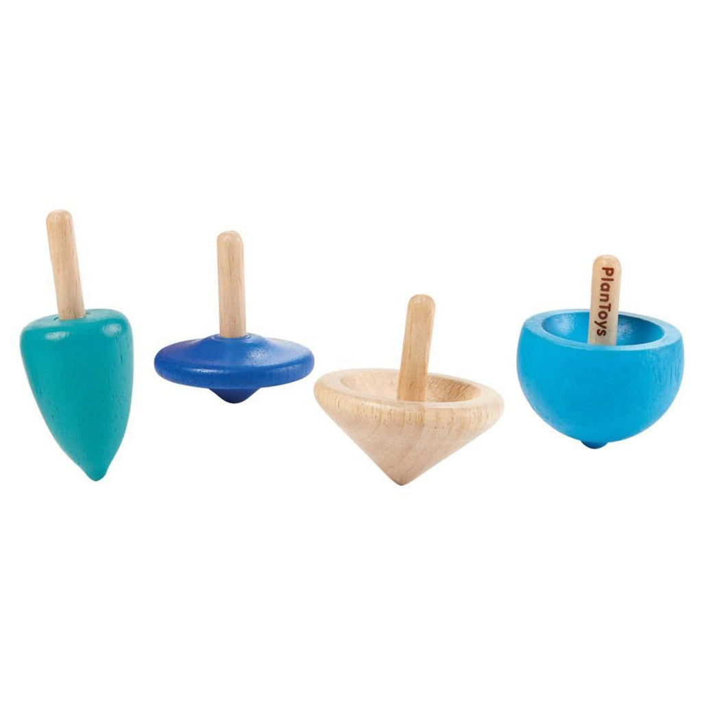 Plan Toys Children's Wooden Spinning Tops Classic Activity Toy blues light dark teal 4 pack 