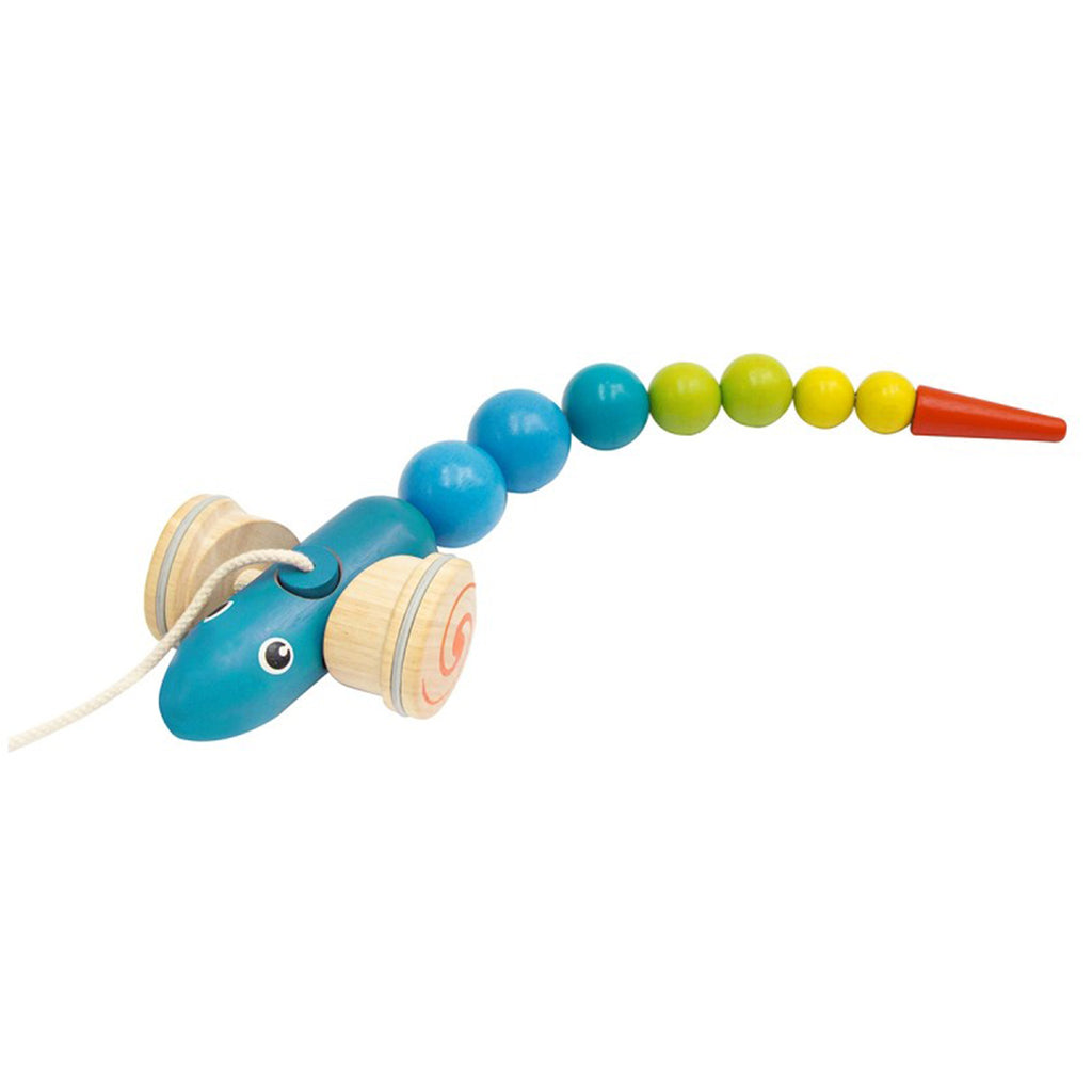 Plan Toys Children's Wooden Pull-Along Snake Activity Toy multicolored blue green yellow red tip tail