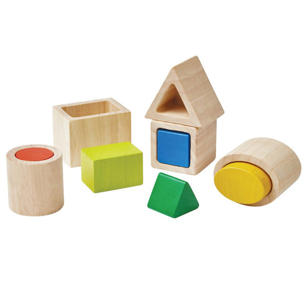 Plan Toys Children's Wooden Geo Matching Blocks Set multicolored natural beige