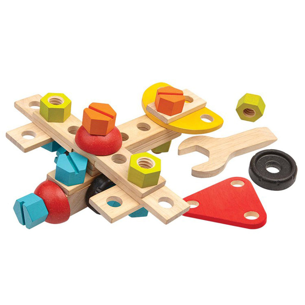 Plan Toys Children's Imaginative Wooden Construction Set  40-piece multicolored tools nut bolts wrench screwdriver