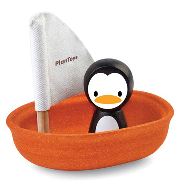 PlanToys Wooden Children's Bath Toy Sail Boat - Penguin orange boat penguin white black
