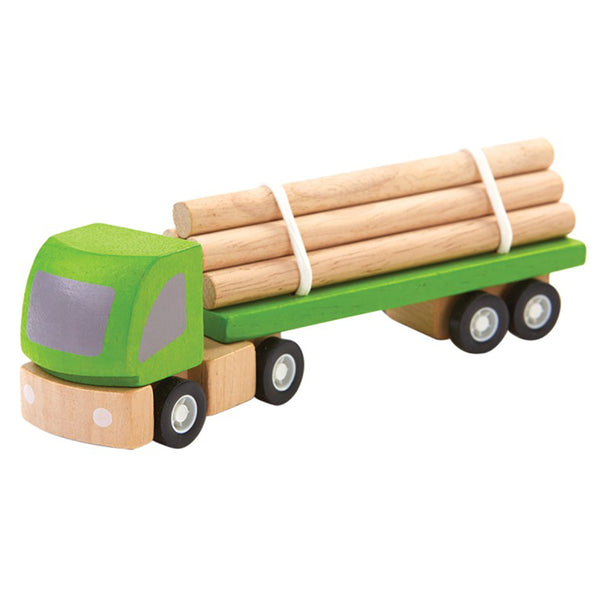 Plan Toys Children's Pretend Play Vehicle Logging Truck Toy  green beige natural logs  wheels black